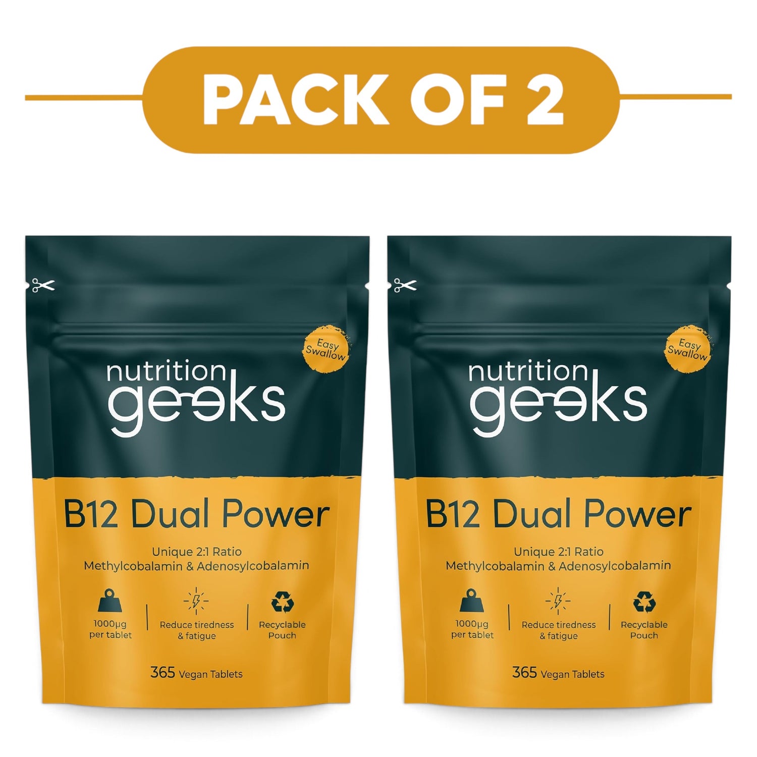 Nutrition Geeks B12 Dual Power 1000mcg 365 Vegan Tablets Pack of 2