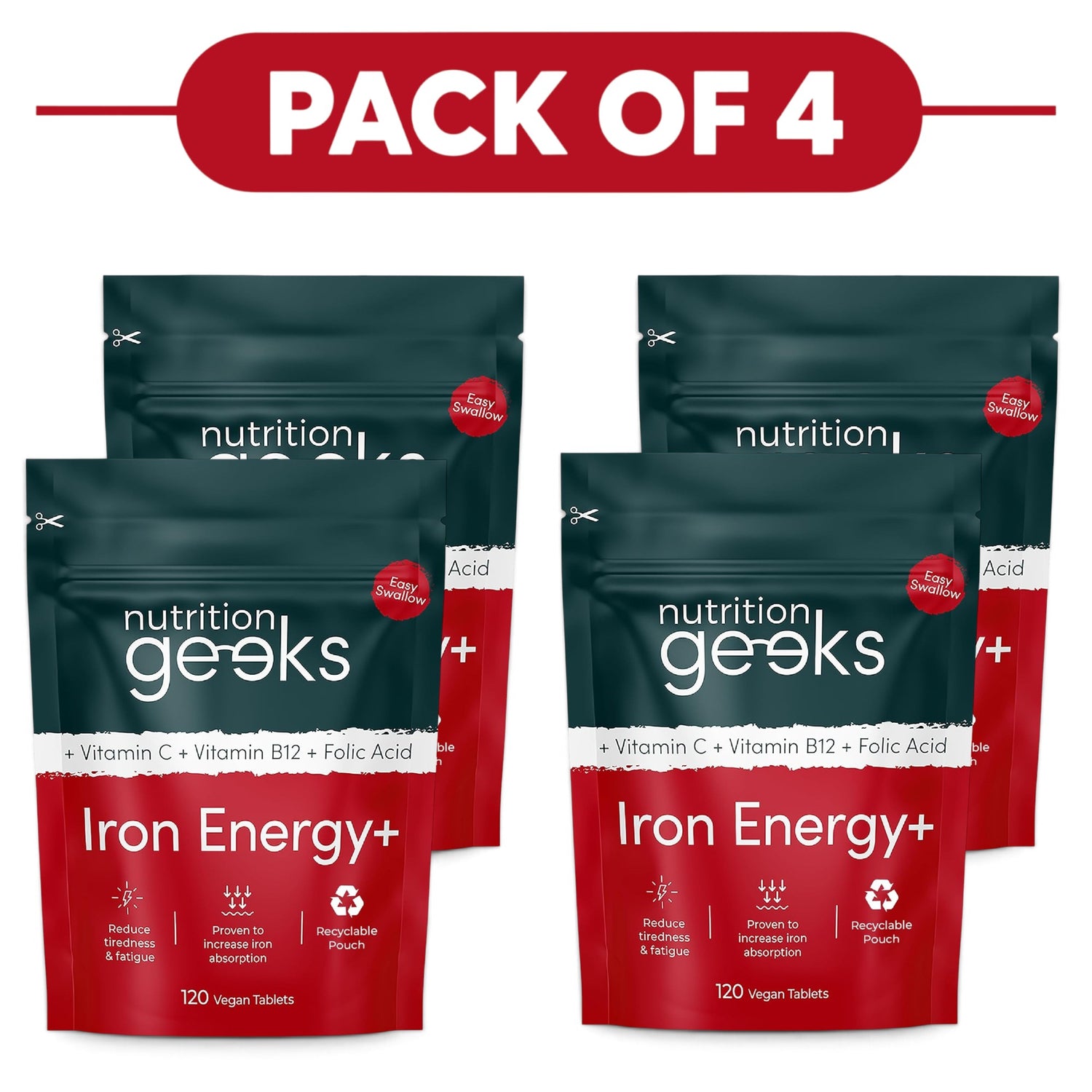 Nutrition Geeks Iron Energy+ 120 Vegan Tablets Pack of 4