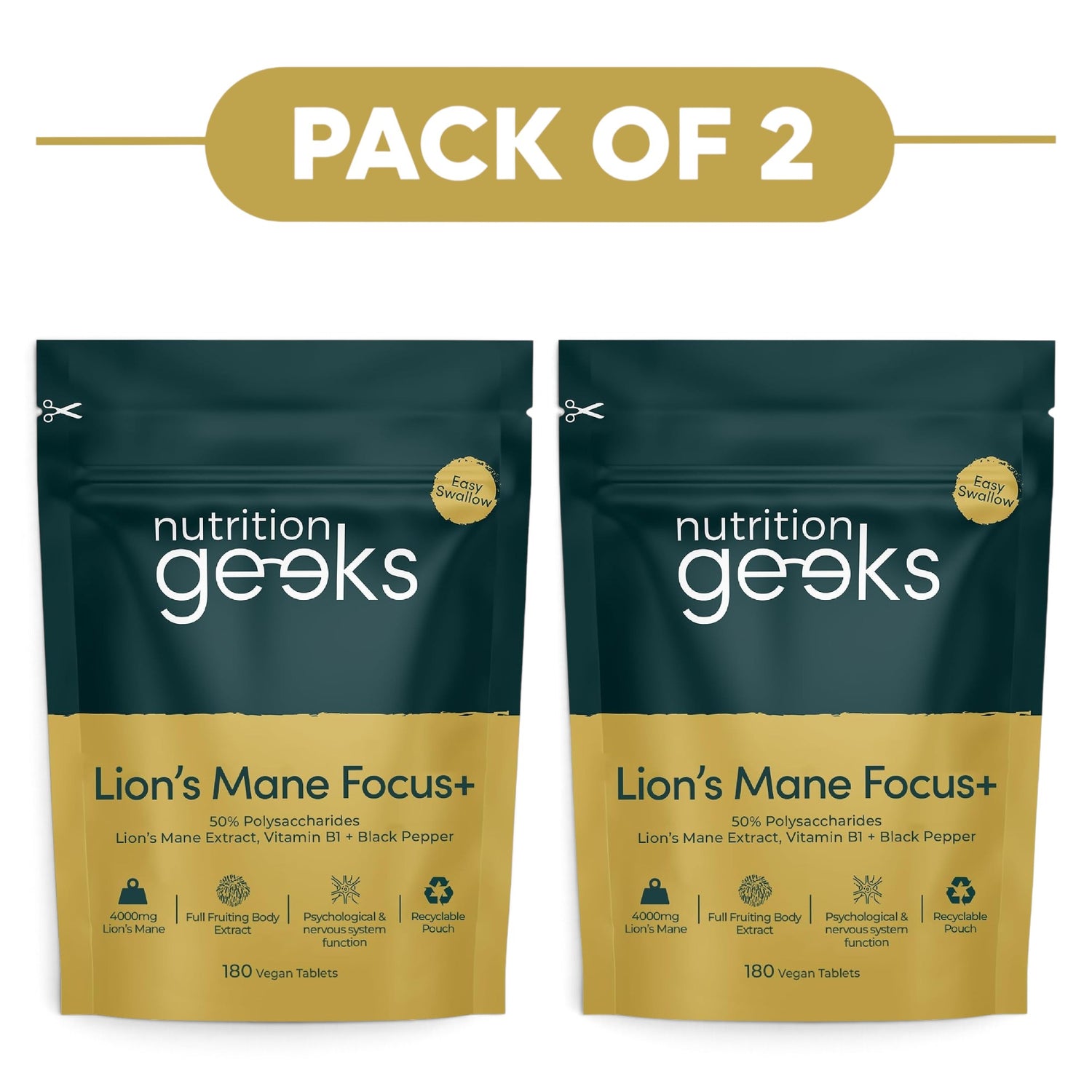 Nutrition Geeks Lion's Mane Focus+ 180 Vegan Tablets Pack of 2