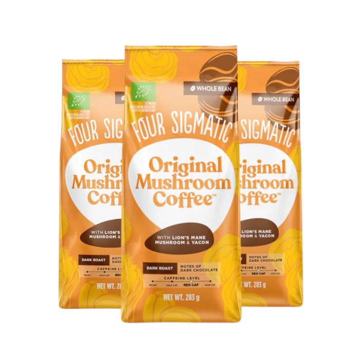 Four Sigmatic organic dark roast mushroom coffee whole beans 283g, 3 packs front packaging