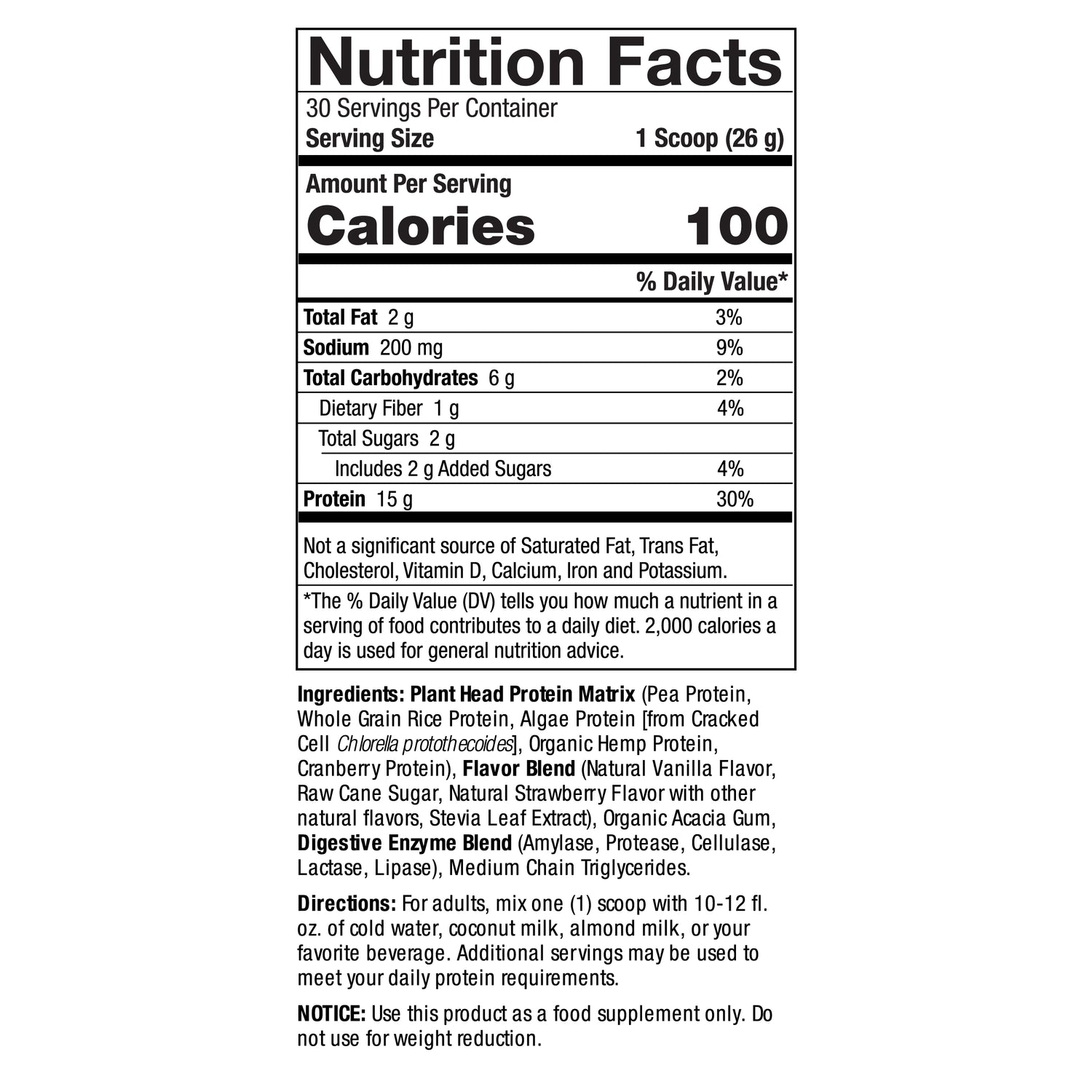 Genceutic Naturals Plant Head vegan protein strawberry powder nutrition panel 780g
