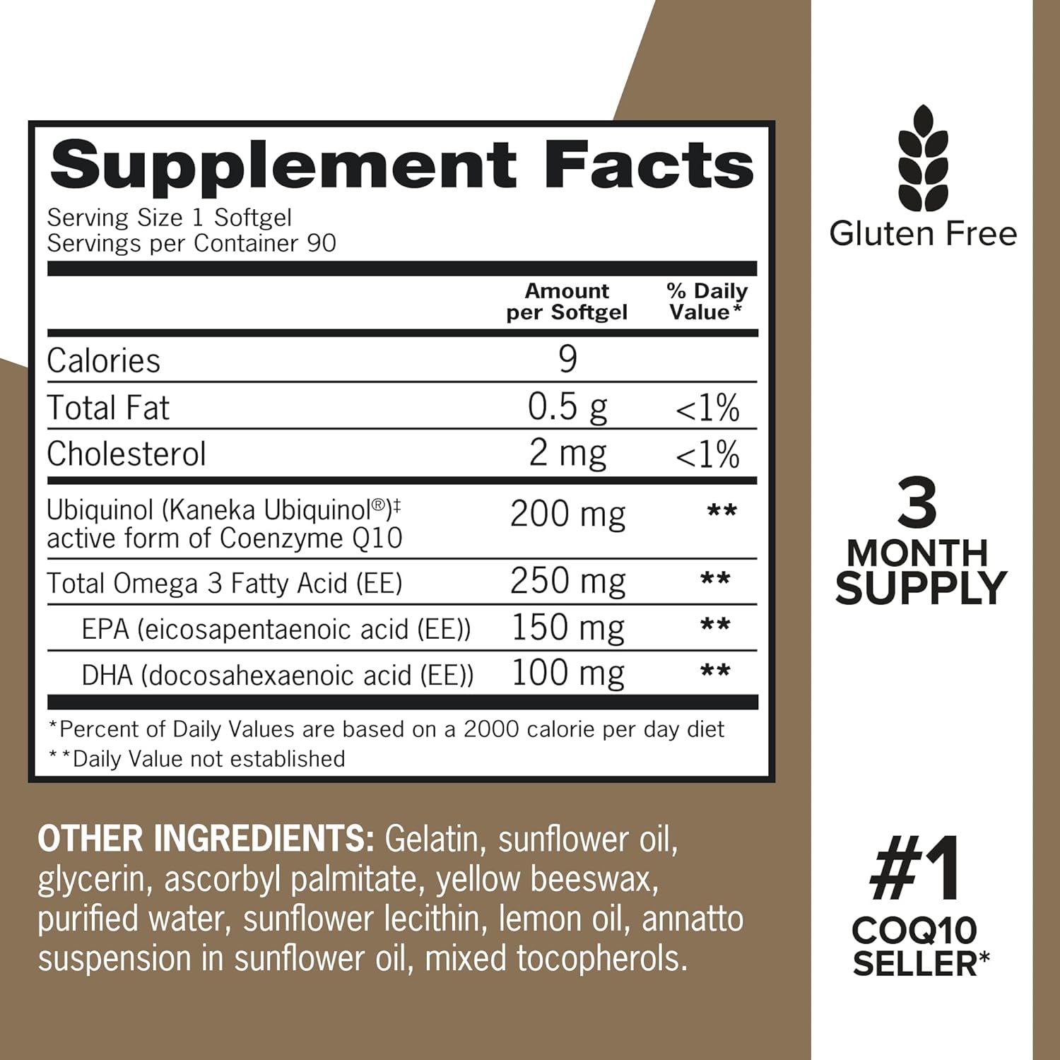 Supplement facts & ingredients image: Qunol Ubiquinol CoQ10 omega-3 supplement facts ingredients 200mg 90 count