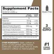 Supplement facts & ingredients image: Qunol Ubiquinol CoQ10 omega-3 supplement facts ingredients 200mg 90 count