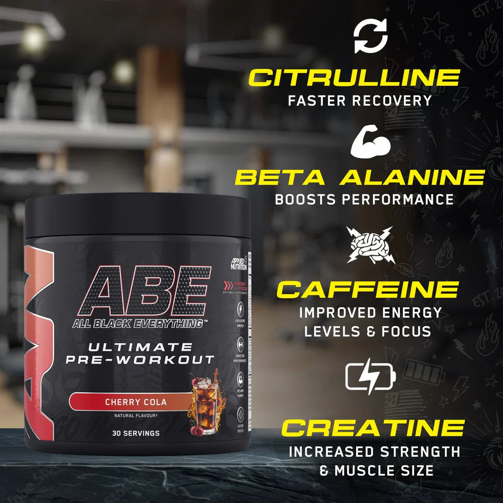 Pre-workout supplement container with ingredients listed on a blurred background