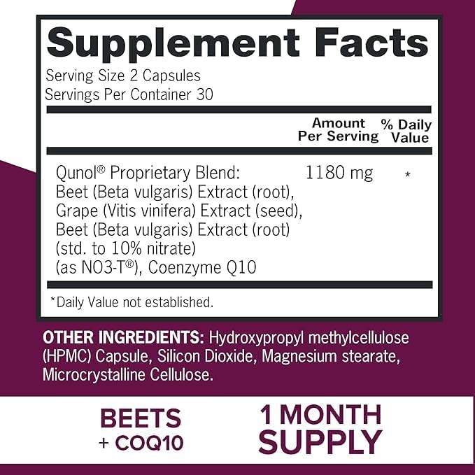 Supplement facts & ingredients image: Qunol Beet Root CoQ10 grape seed extract supplement facts 60 count