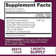 Supplement facts & ingredients image: Qunol Beet Root CoQ10 grape seed extract supplement facts 60 count