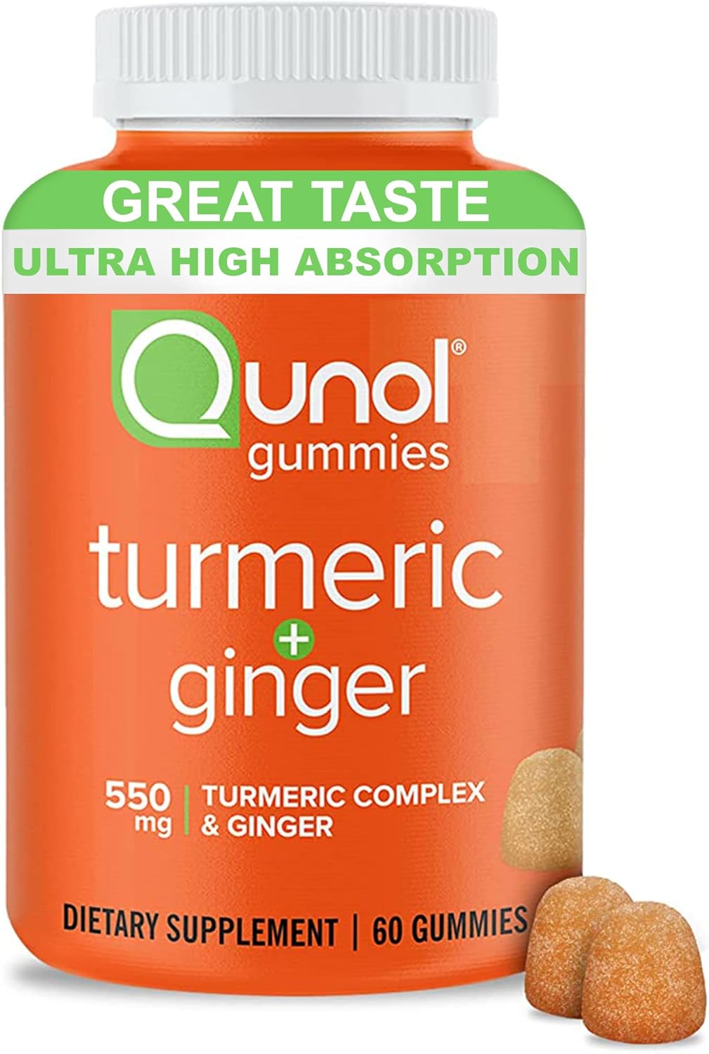 Front image: Qunol Turmeric Ginger gummies tangerine flavour supplement bottle 60 count