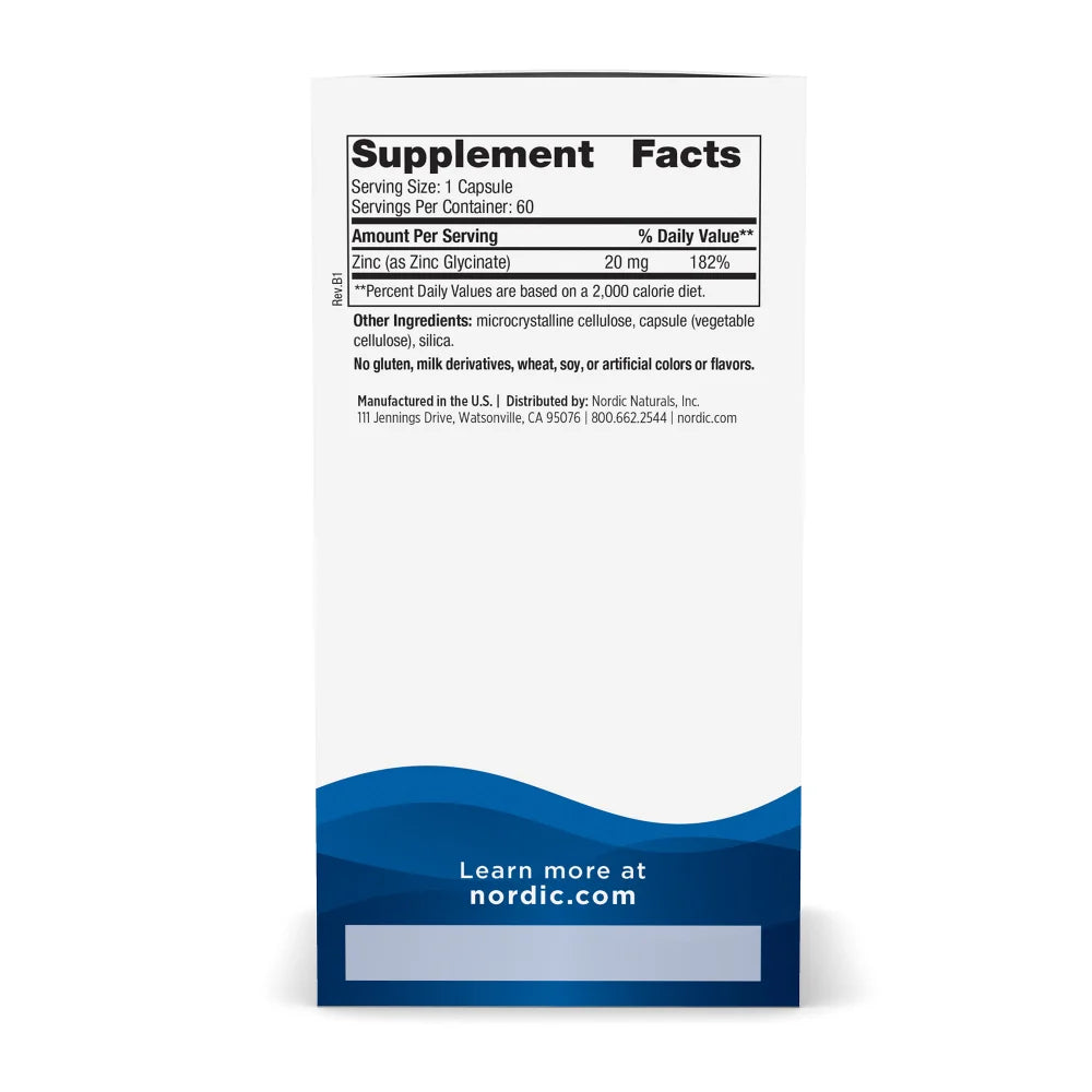 Supplement facts for Nordic Naturals Zinc Glycinate 60 capsules.