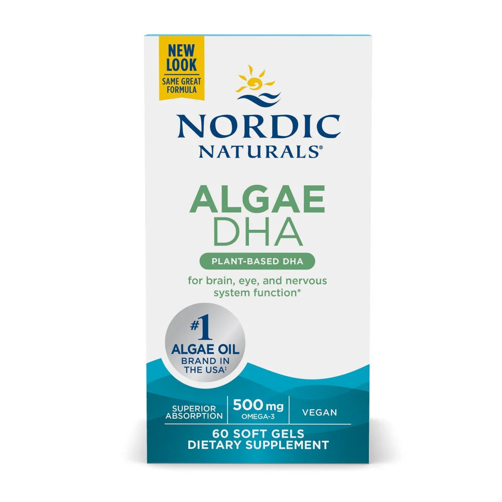 Nordic Naturals Algae Omega 500mg vegan softgel  box - 60 count on white background.