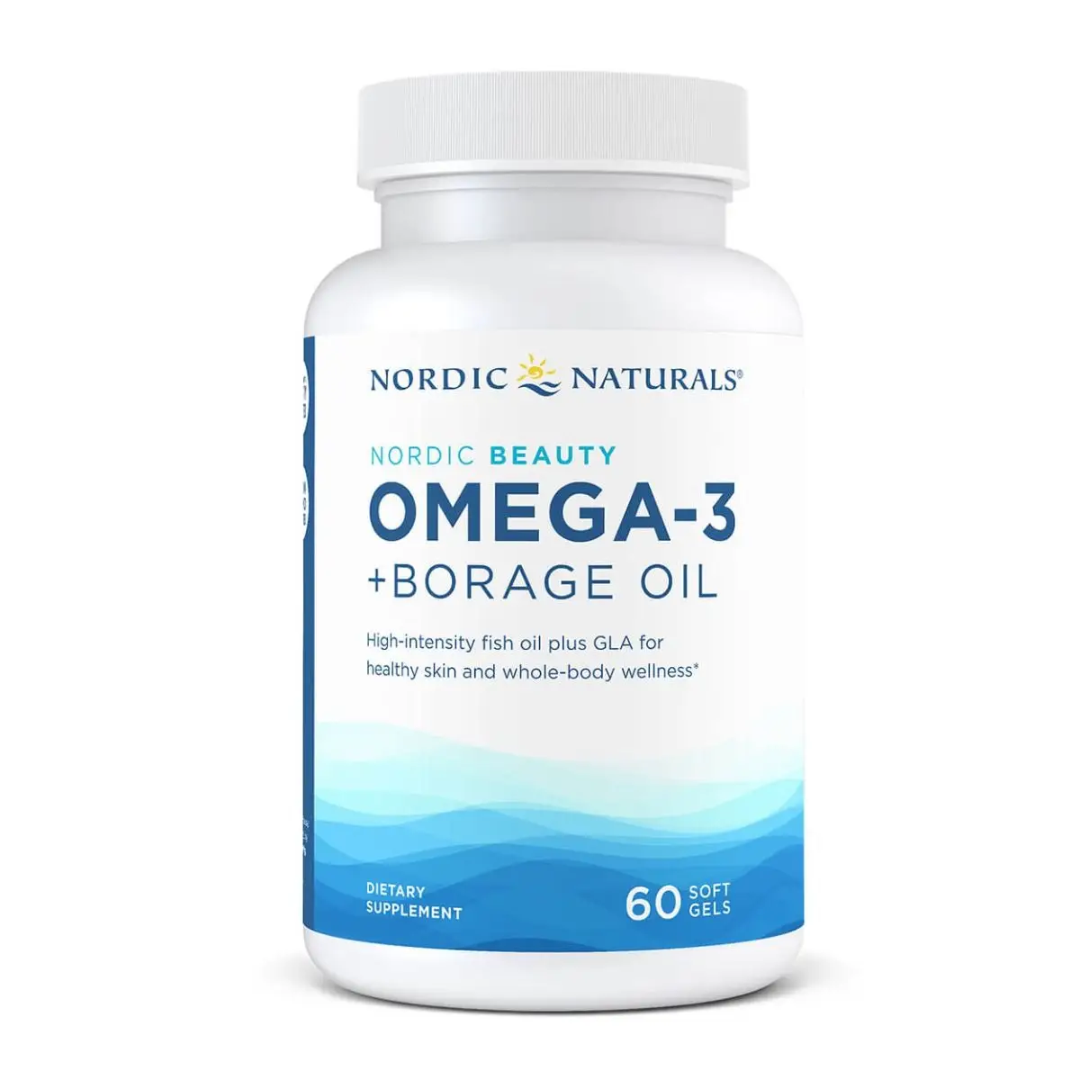 Front of Nordic Beauty Omega-3 + Borage Oil bottle, 60 count lemon softgels.