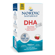 Nordic Naturals DHA Xtra Omega-3 Fish Oil box with strawberry-flavoured softgels, 60 count.