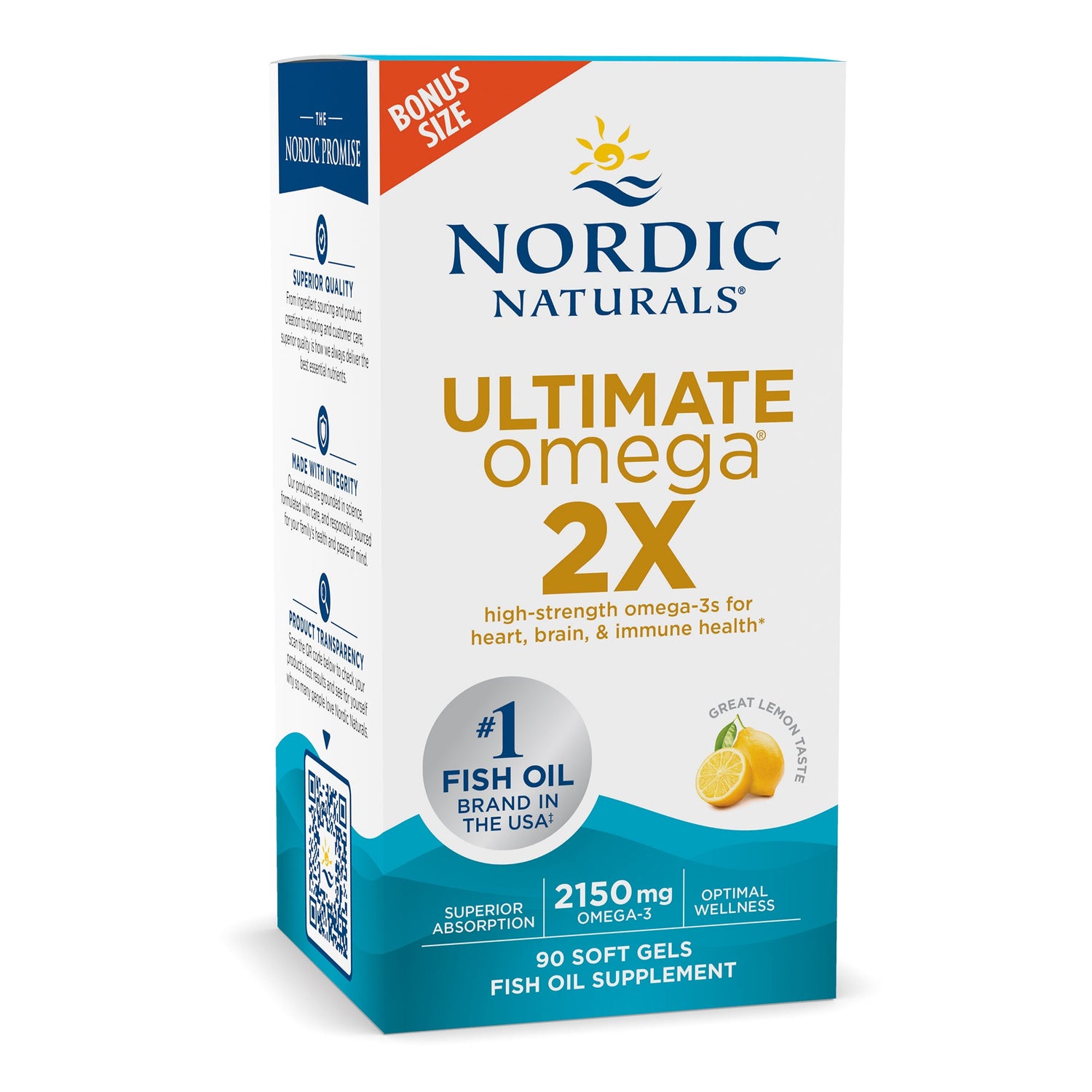 Front of Nordic Naturals Ultimate Omega 2X Omega-3 box, lemon flavour, 90 softgels.
