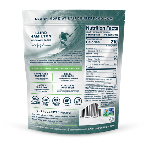 Laird Superfood reduced sugar instant latte 227g barcode, nutrition facts & ingredients on packaging on white background