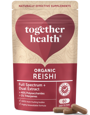 A package of Together Health organic reishi supplement with 60 capsules, highlighting its full spectrum dual extract and organic certification.