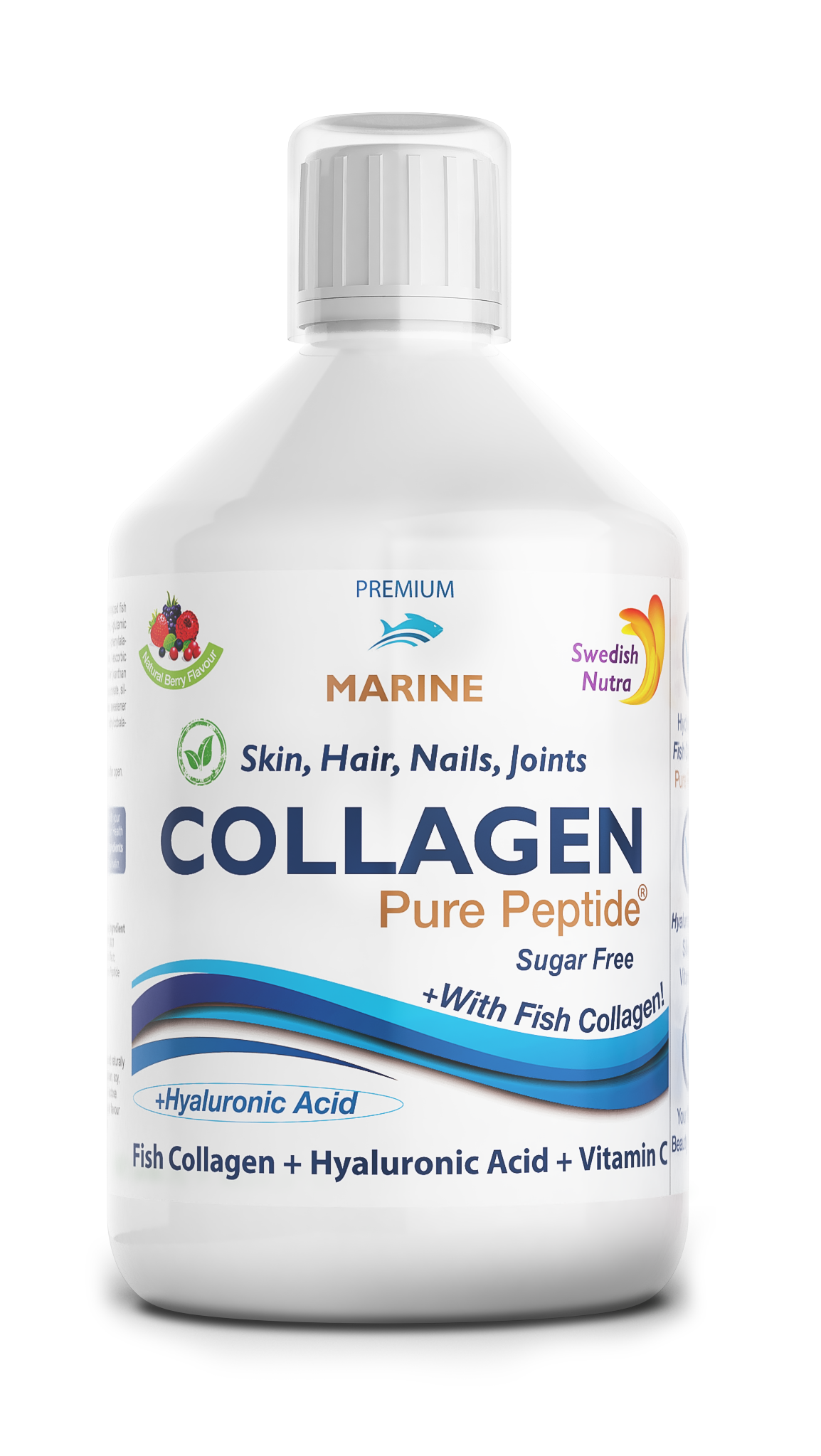Front image: Swedish Nutra marine collagen peptide liquid berry flavour 500ml bottle