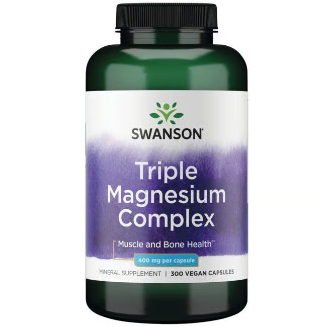 Front: Bottle of Swanson Triple Magnesium Complex 400 mg, 300 vegan capsules.