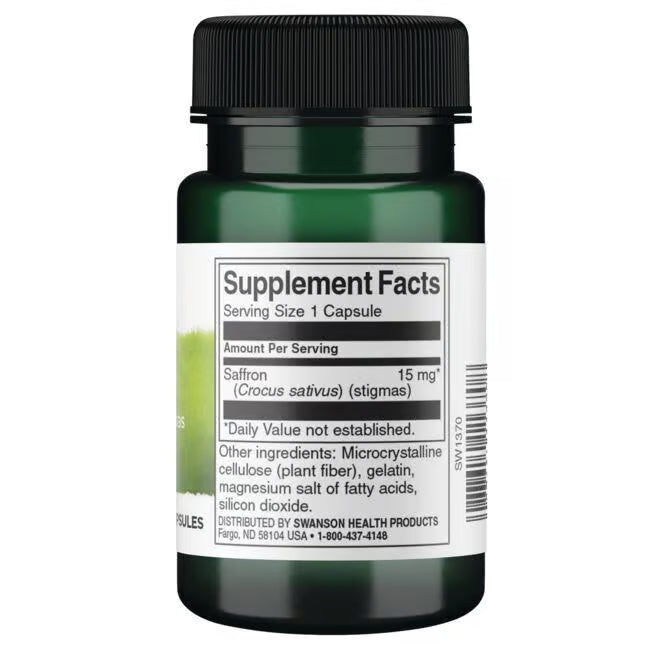 Swanson Full Spectrum Saffron Supplement, 15mg - 60 Capsules bottle showing supplement facts.