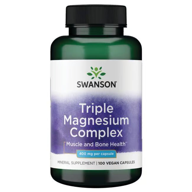 Front: Bottle of Swanson Triple Magnesium Complex 400 mg, 100 vegan capsules.