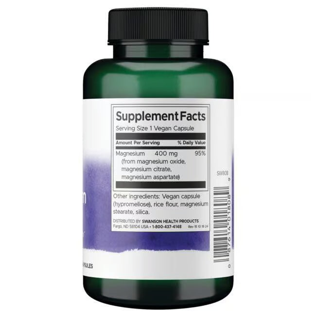 Back: Supplement facts & ingredient label for magnesium complex showing 3-source blend.