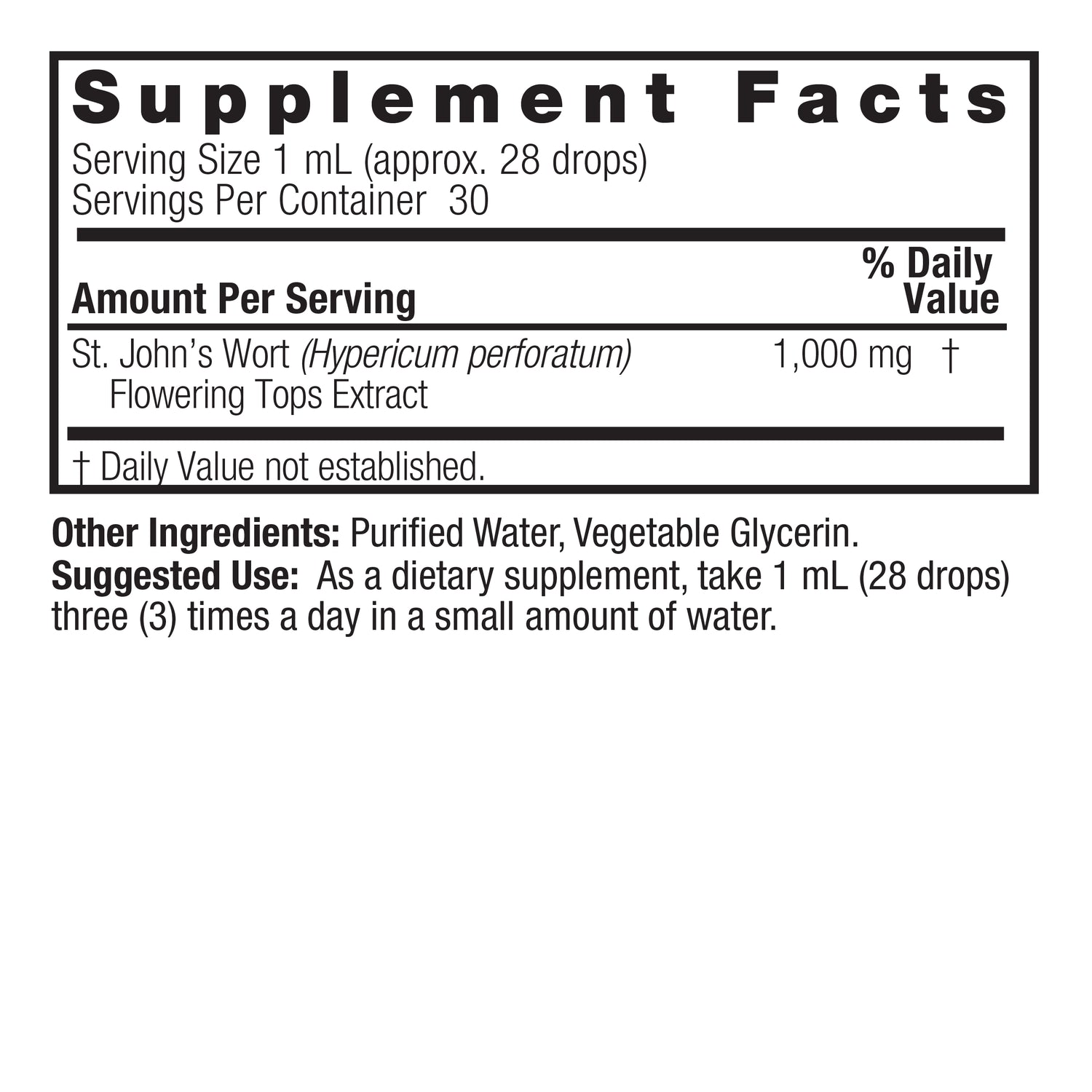 Nature’s Answer St. John’s Wort Liquid Extract 30ml supplement facts label on a white background