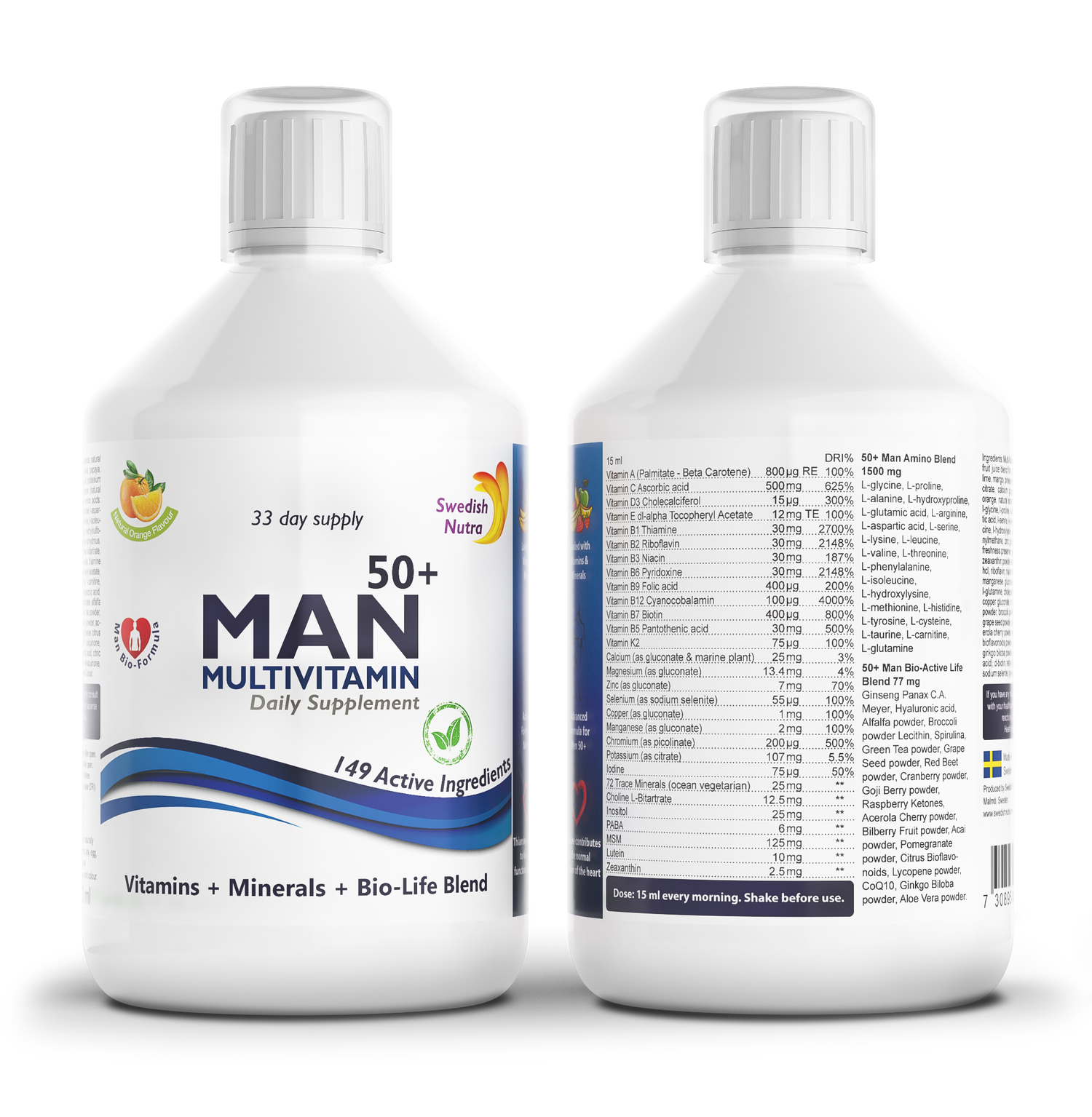 Two bottles of 50+ Man Multivitamin supplement on a white background