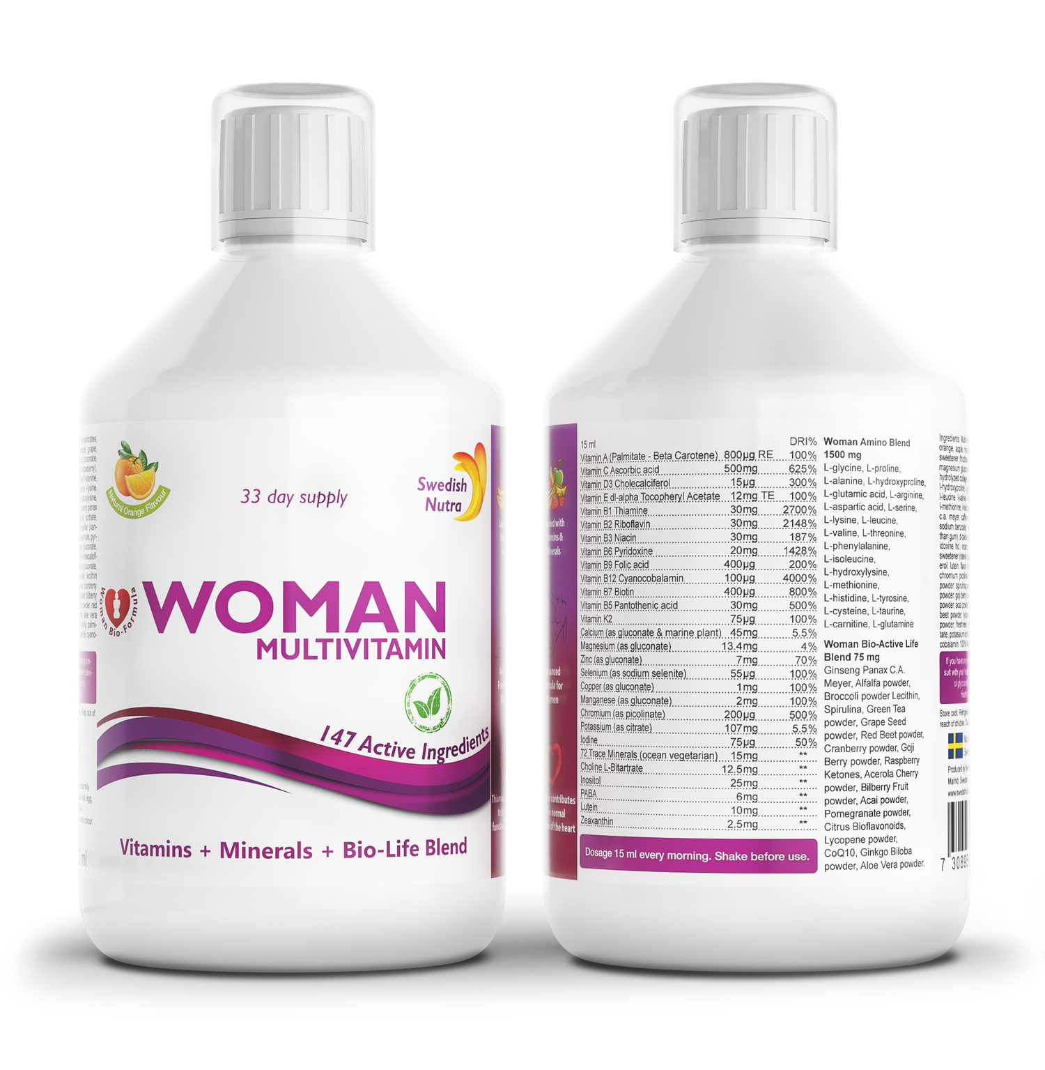 Swedish Nutra Women multivitamin supplement facts ingredients 500ml bottle