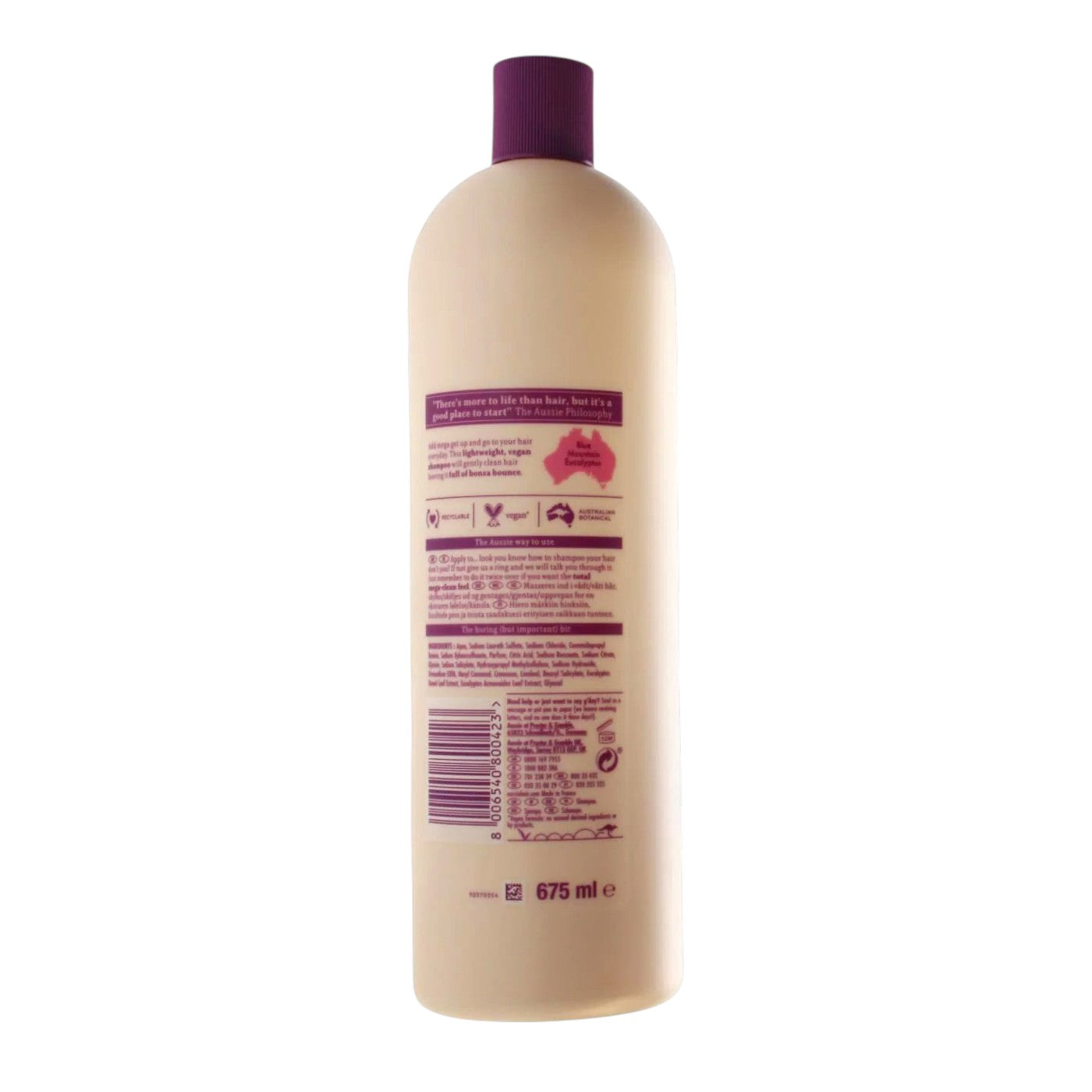 Aussie Mighty Mega Shampoo ingredient and barcode label with eucalyptus extract 675ml