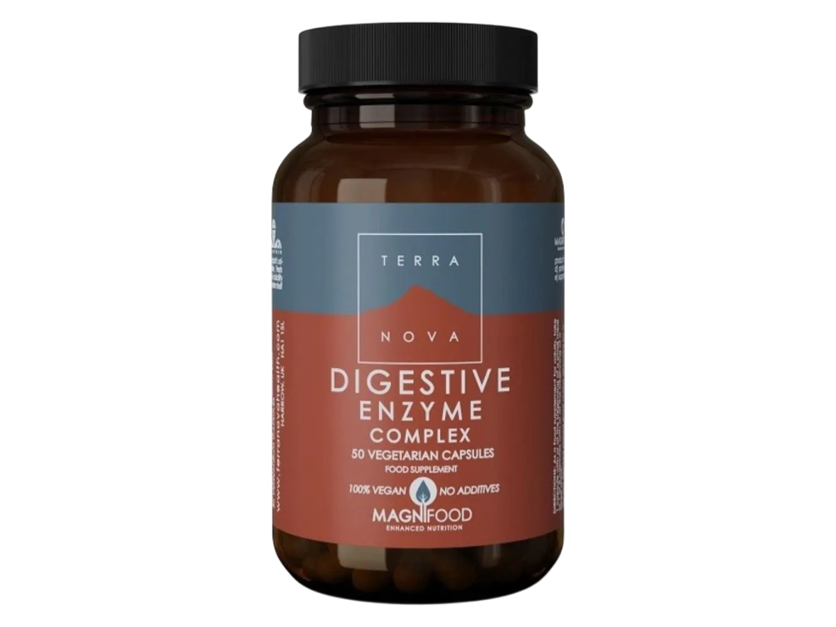 Front image: Terranova Digestive Enzyme Complex capsules bottle vegan 50 count