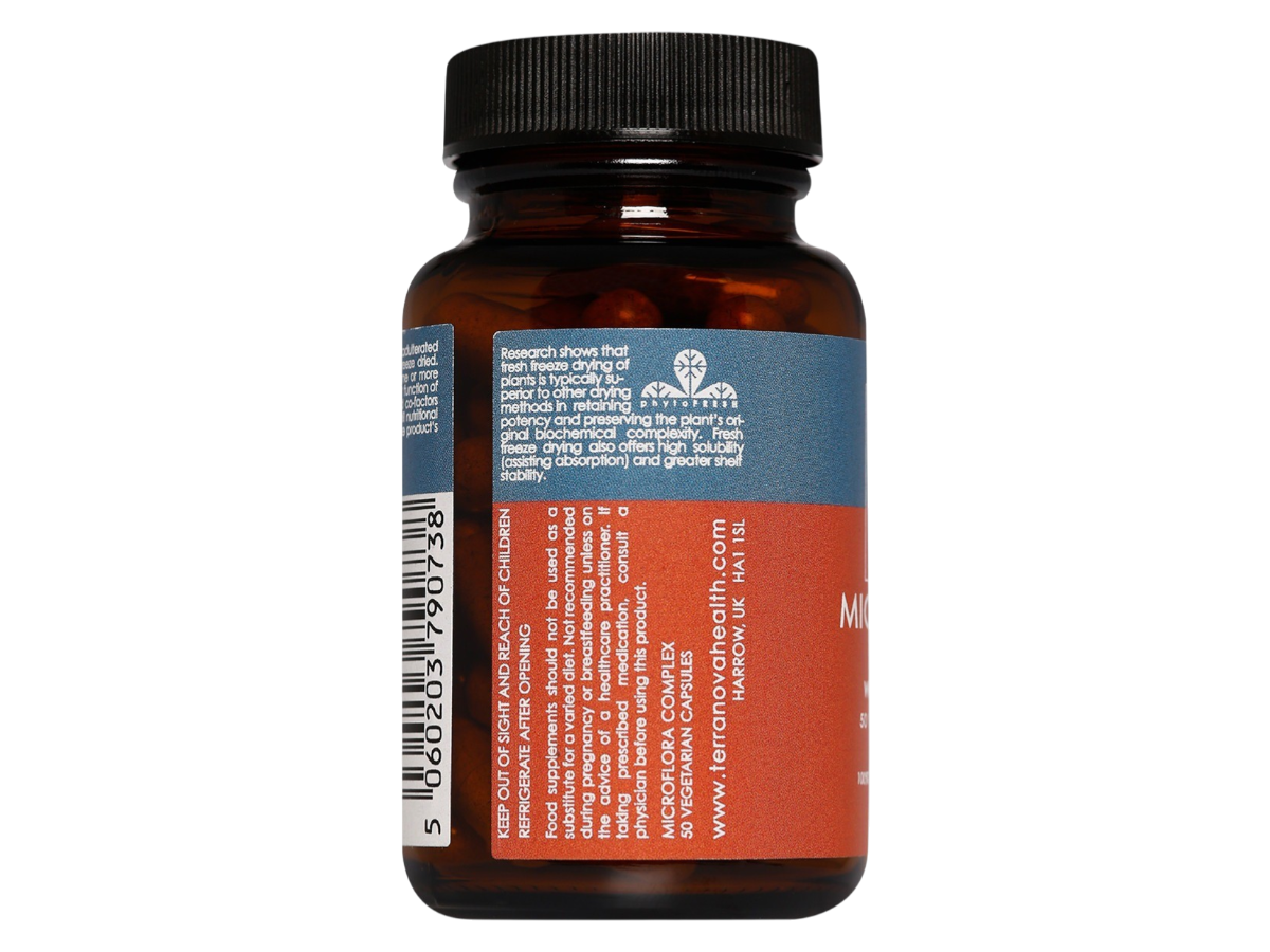 Back image: Terranova Microflora Complex with FOS capsules bottle vegan probiotic 50 count