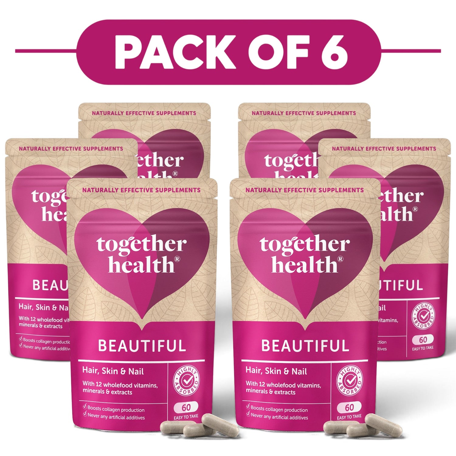 Together Health Beautiful Hair Skin & Nail Vitamins 60 Capsules Pack of 6