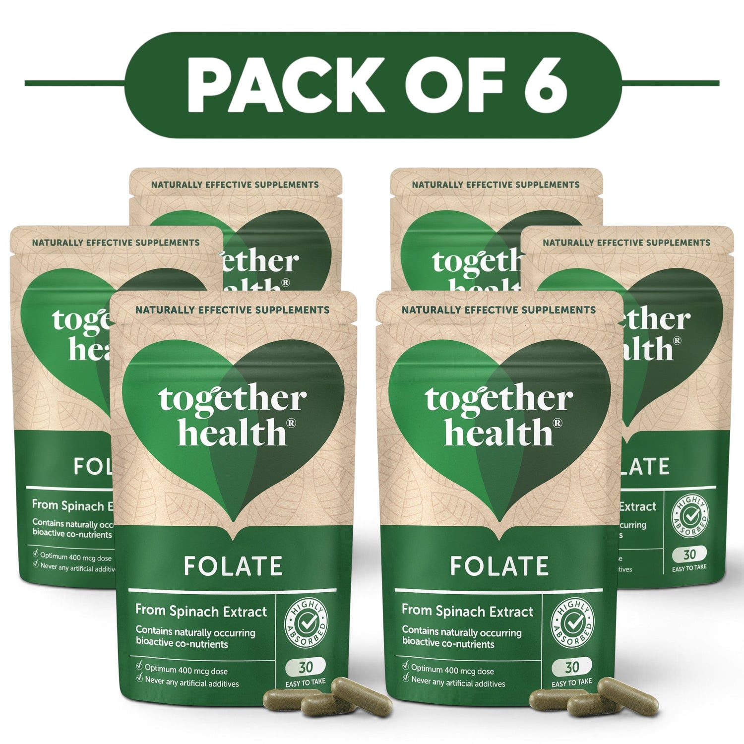 Together Health Folate from Spinach Extract 30 Capsules Pack of 6