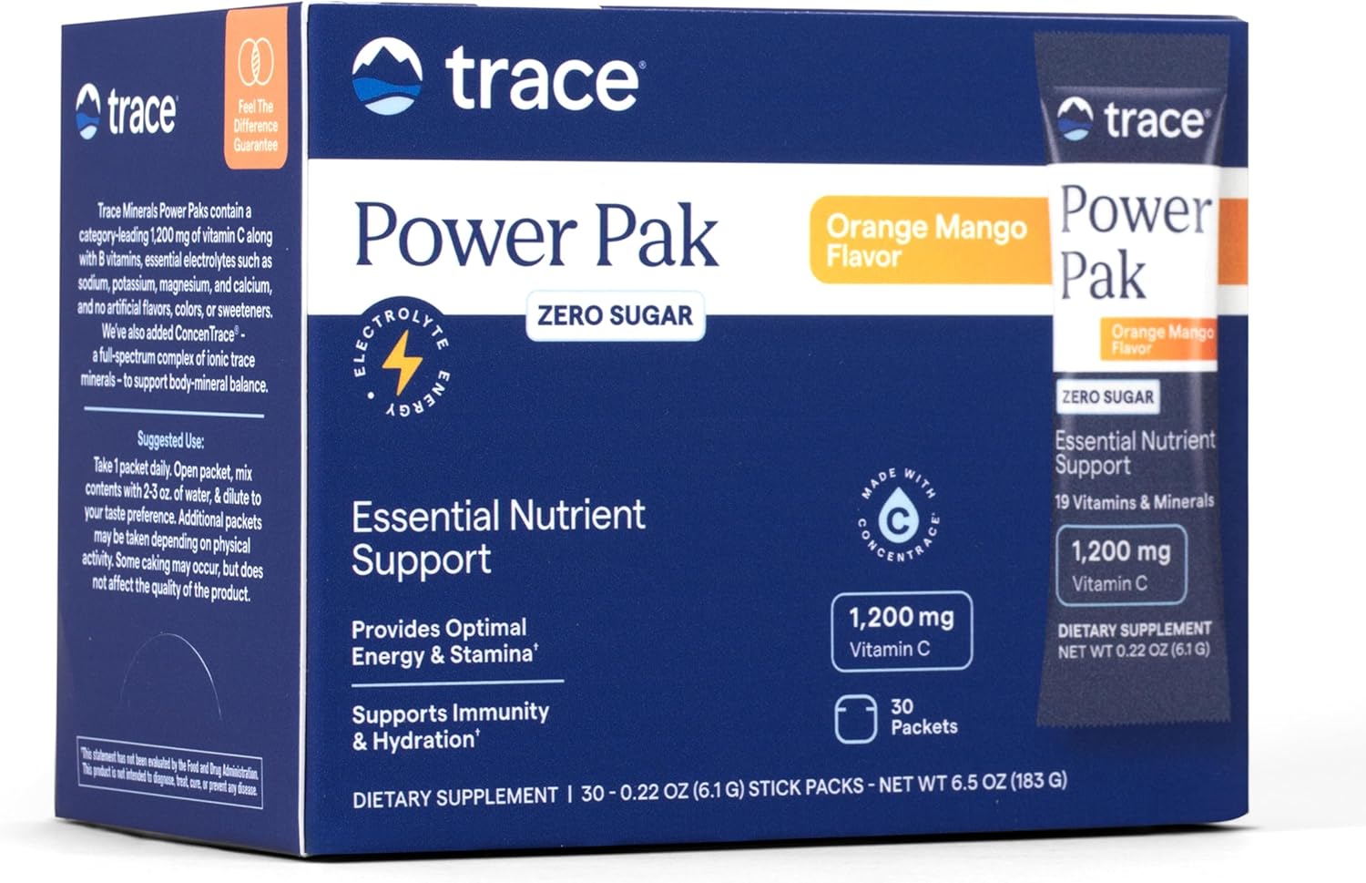 Front Image: Trace Minerals Power Pak orange mango sugar free powder packets box 30 count