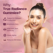 Woman touching her cheek beside True Radiance Gummies text listing collagen support and skin appearance claims.