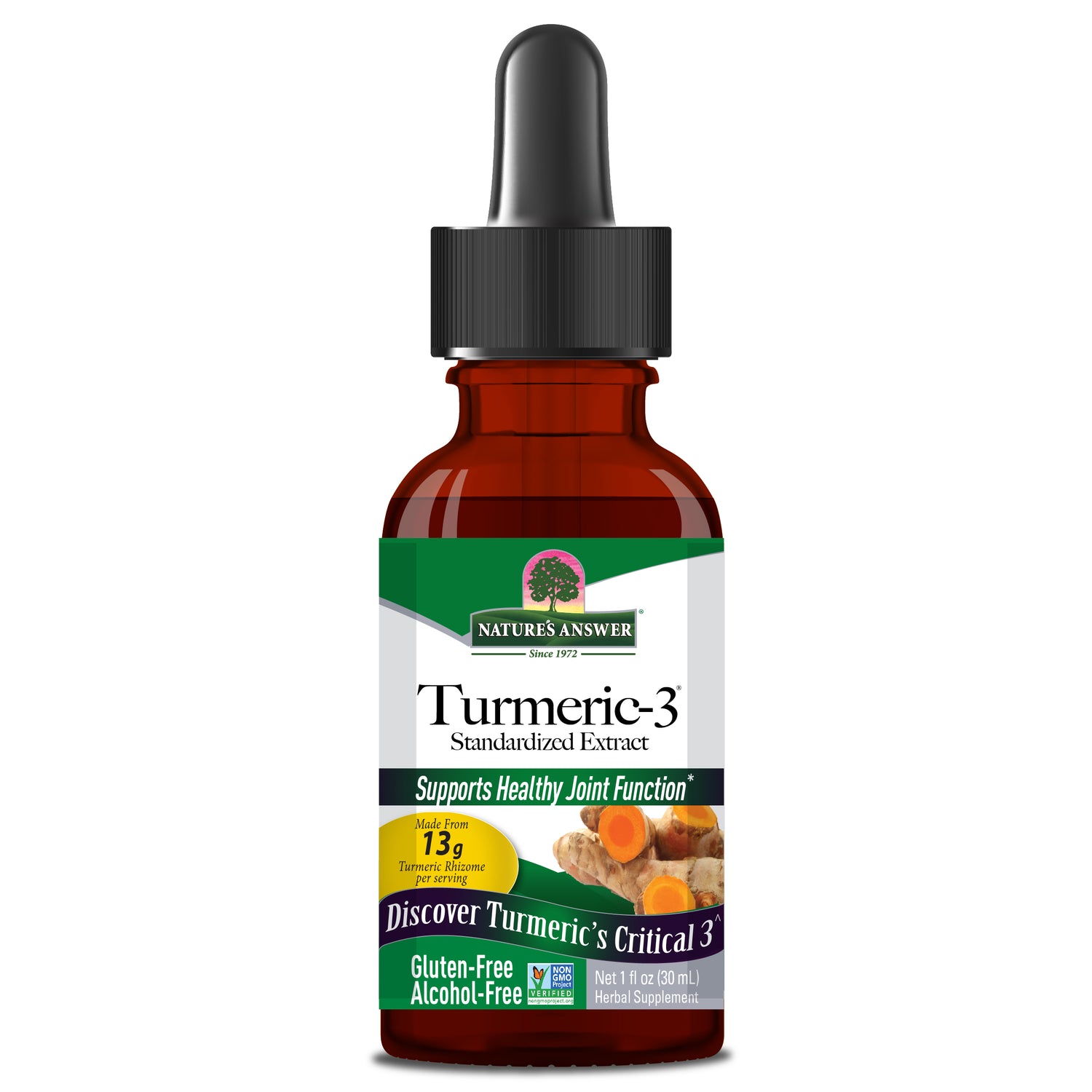 Nature's Answer Turmeric-3 Alcohol-Free Liquid Extract 30ml curcumin supplement front label