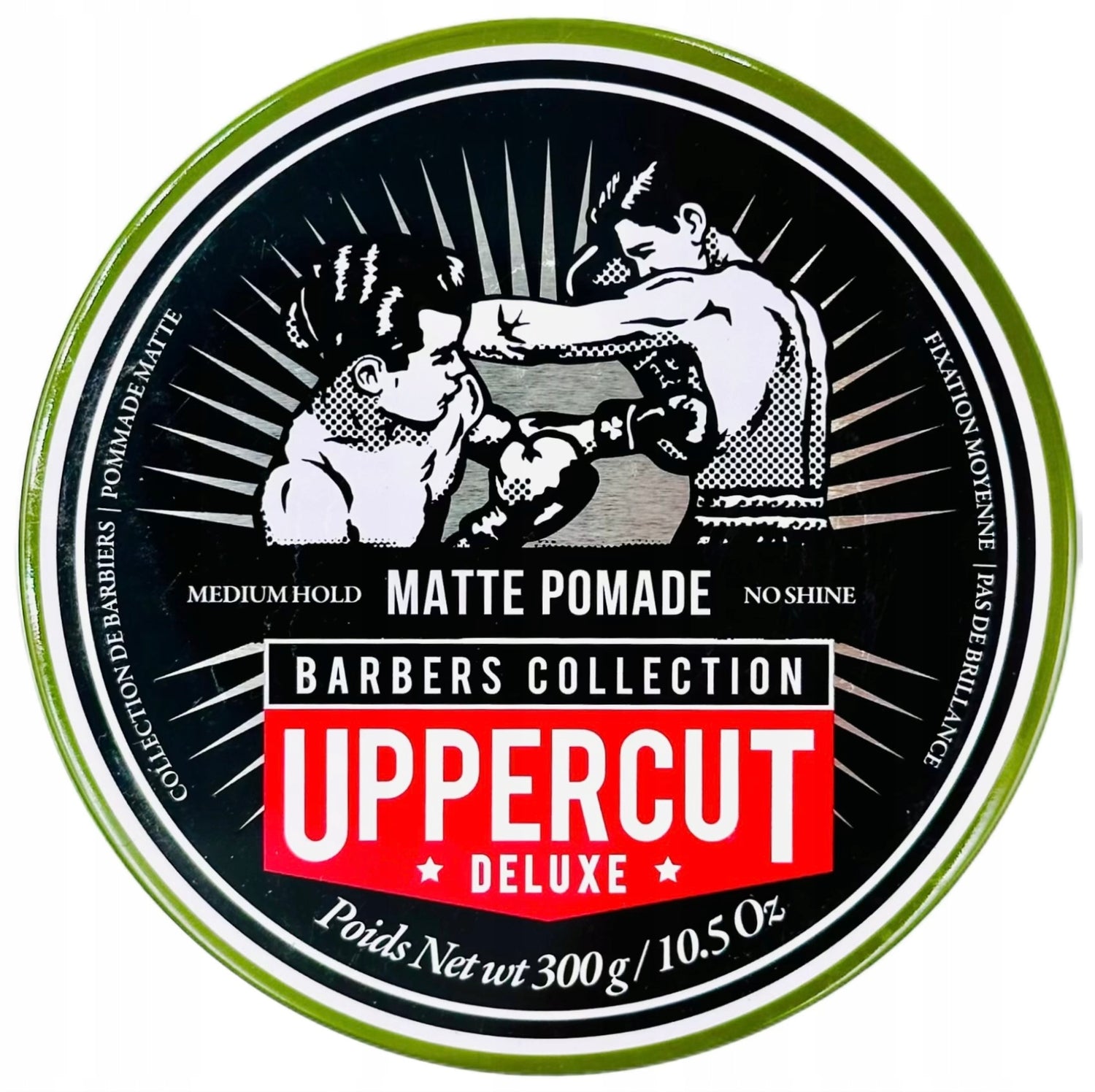 Front image: Uppercut Deluxe Matte Pomade 300g jar medium hold matte styling product packaging