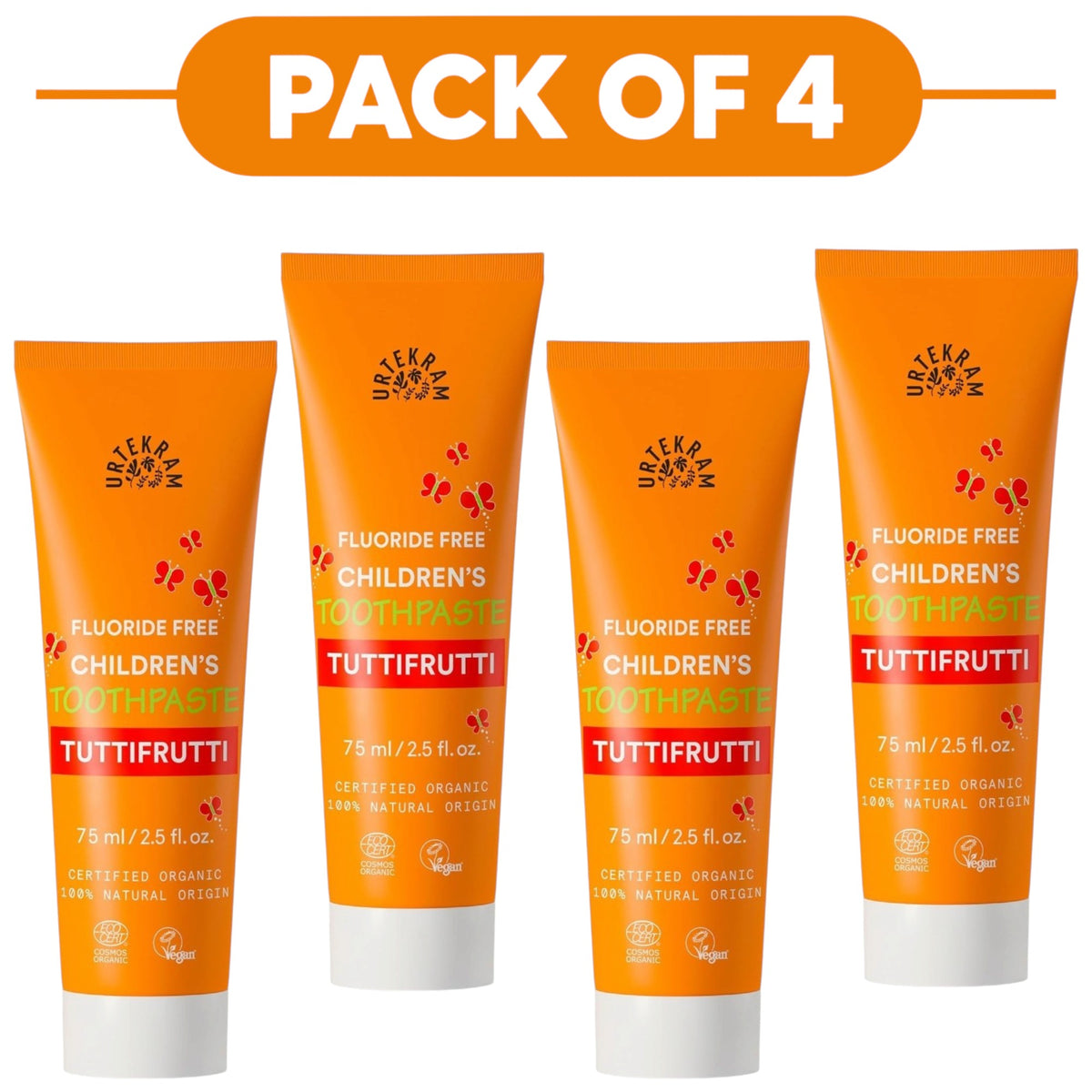 Urtekram Children's Fluoride Free Toothpaste Tutti Frutti 75ml Pack of 4