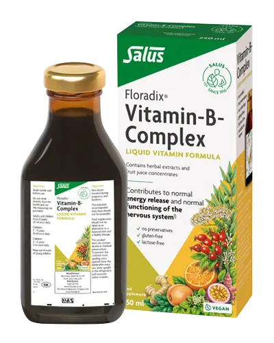 Floradix Vitamin B Complex Liquid Formula bottle & box, vegetarian, 250ml.