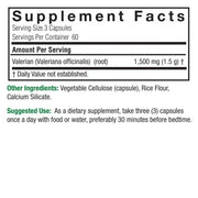 Nature’s Answer Valerian Root Capsules 180 count supplement facts label on a white background