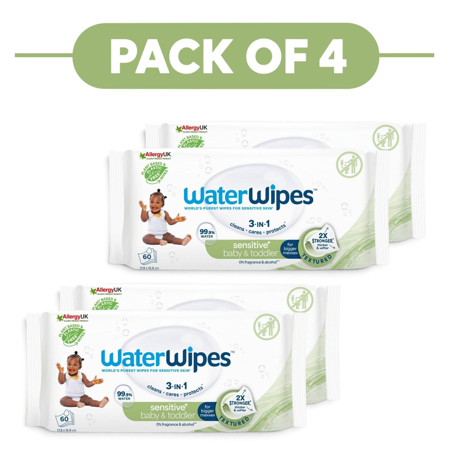 WaterWipes Sensitive+ Baby & Toddler Wipes 99.9% Water 60 Wipes Pack of 4