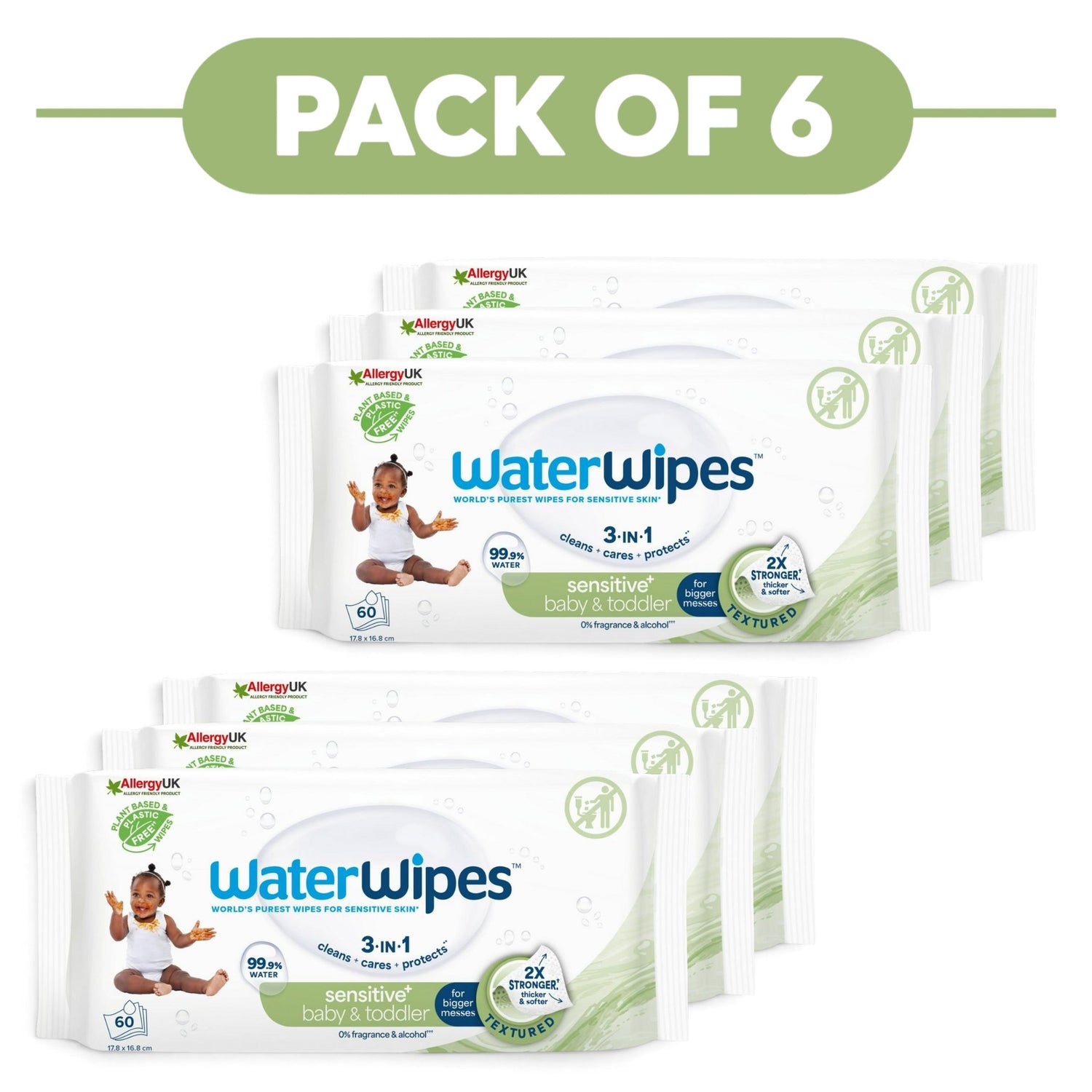 WaterWipes Sensitive+ Baby & Toddler Wipes 99.9% Water 60 Wipes Pack of 6