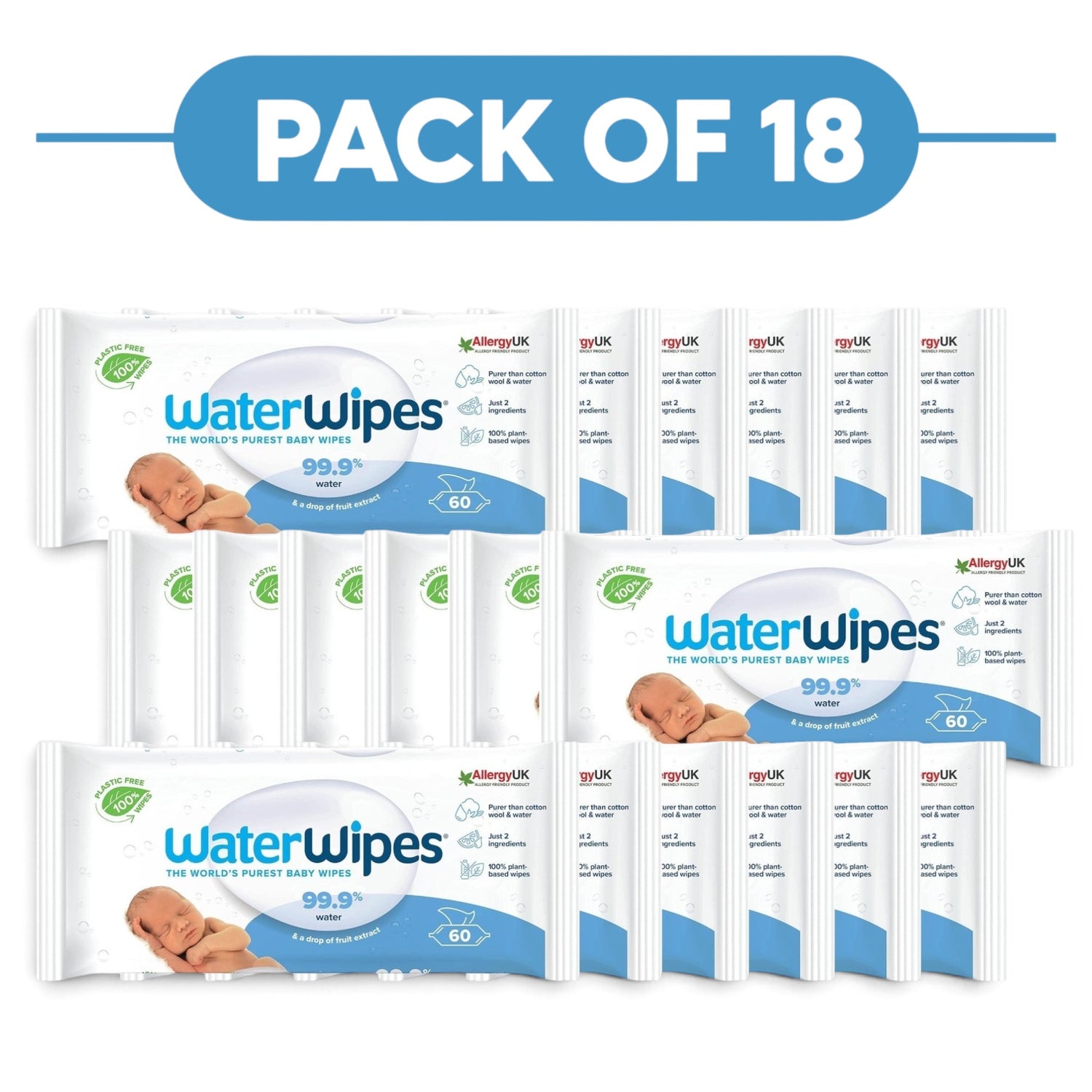WaterWipes Sensitive+ Newborn Baby Wipes 99.9% Water 60 Wipes Pack of 18