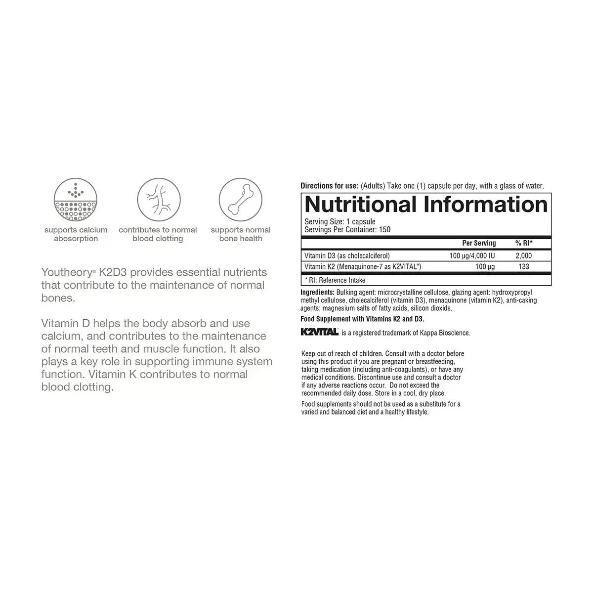 Youtheory K2D3 4000IU – 150 Veggie Capsules