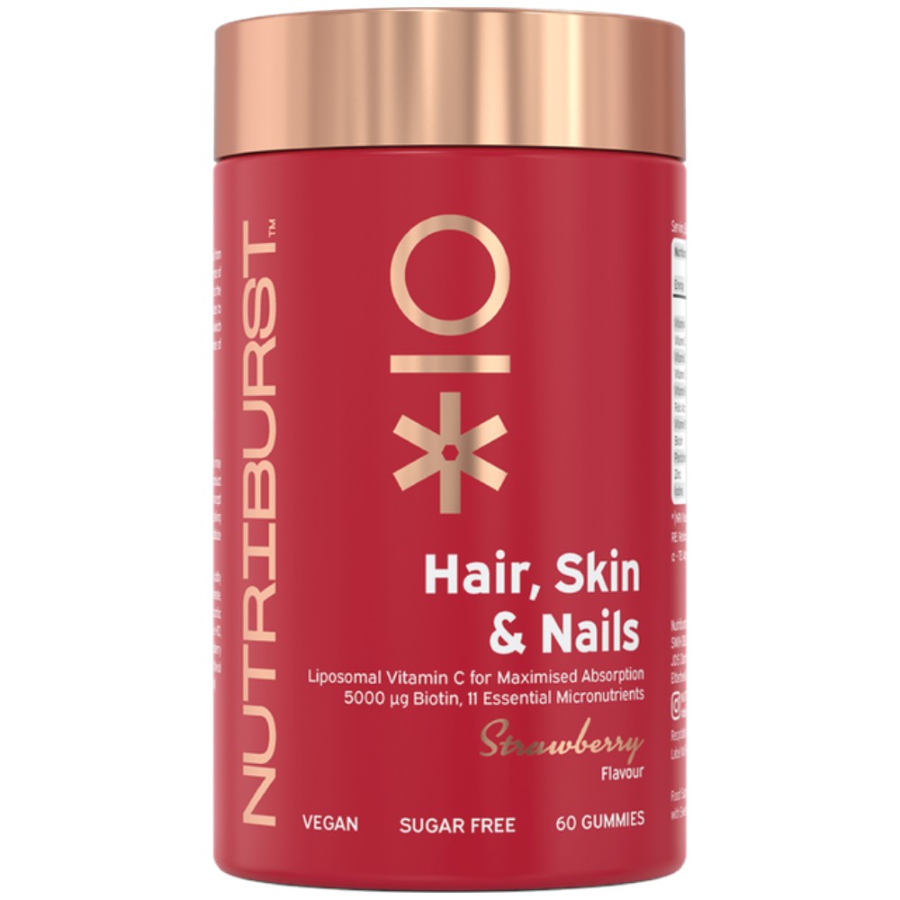 A red cylindrical bottle of Nutriburst Bio Hair, Skin & Nails gummies with a metallic rose gold cap, on a plain white background.