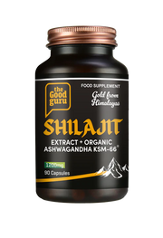 The Good Guru Shilajit and Ashwagandha KSM-66 supplement bottle, 90 capsules, on white background.