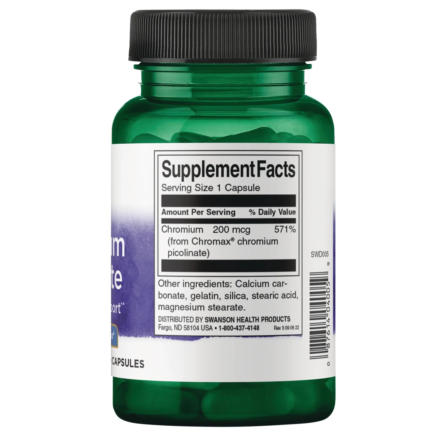 Swanson Chromium Picolinate 200mcg 120 capsules supplement facts label