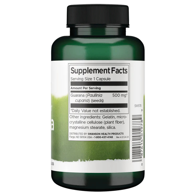 Swanson Full Spectrum Guarana 500mg 100 Capsules supplement bottle with label on a white background
