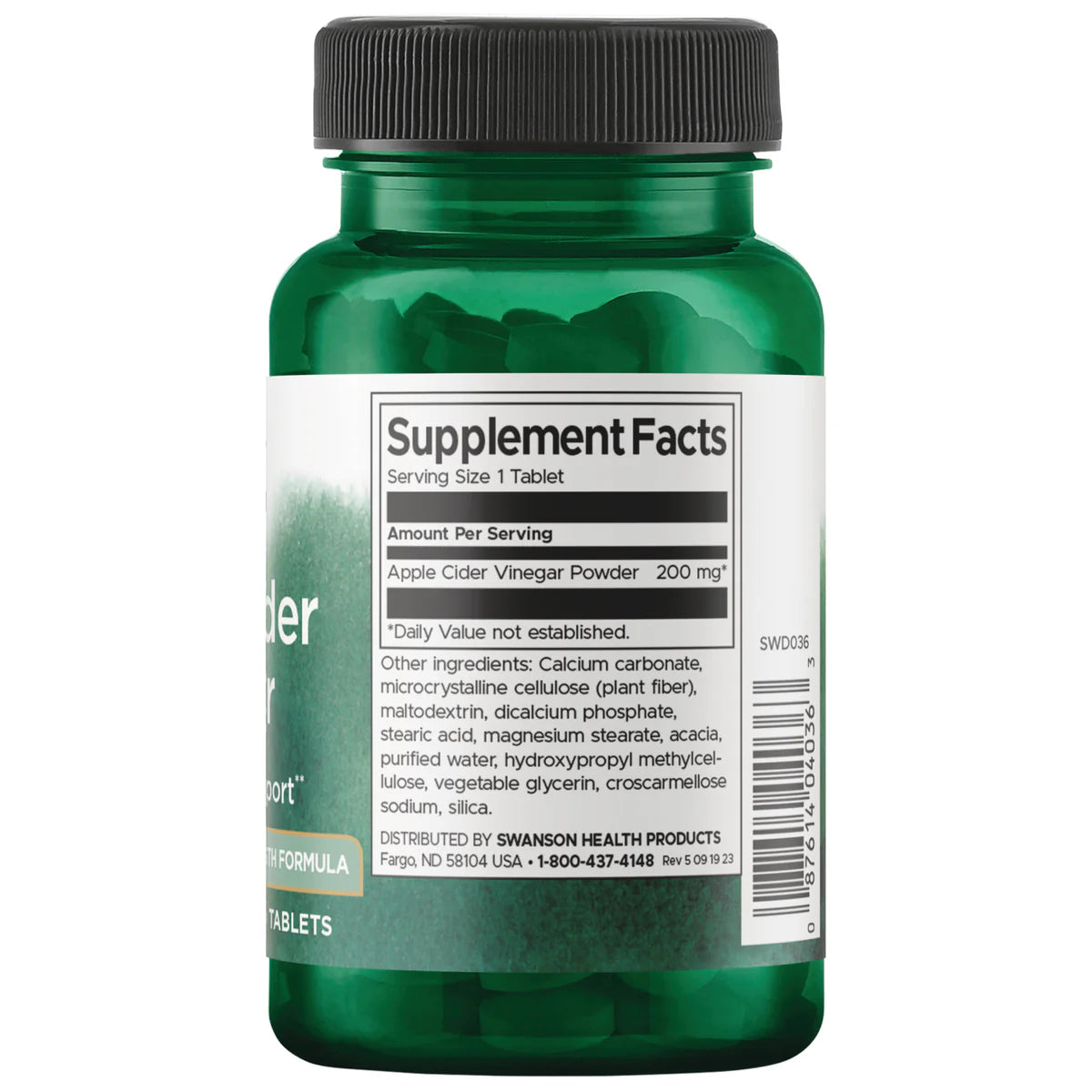 Swanson Apple Cider Vinegar 200mg 120 tablets supplement facts label