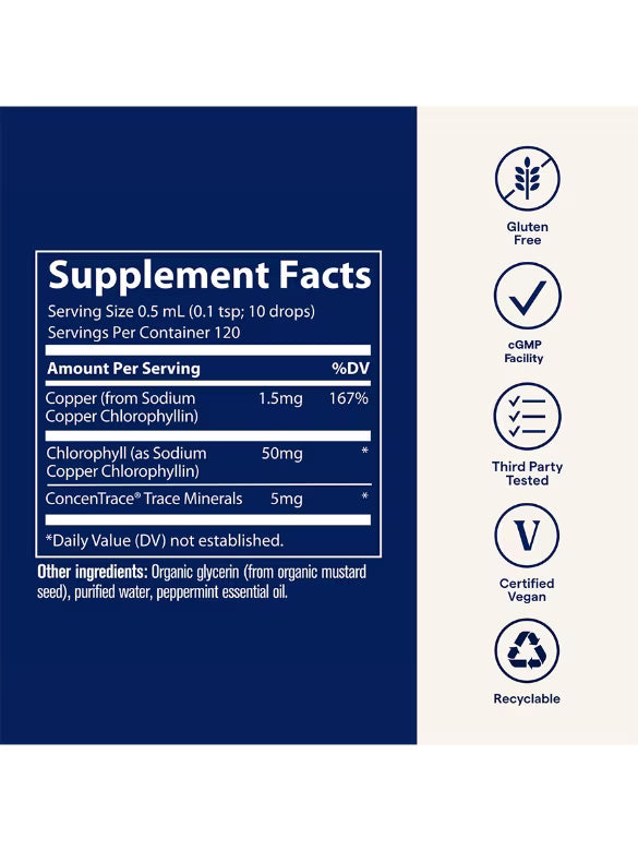Supplement Facts Image: Trace Minerals Ionic Chlorophyll 6000 supplement facts ingredients liquid bottle 59ml