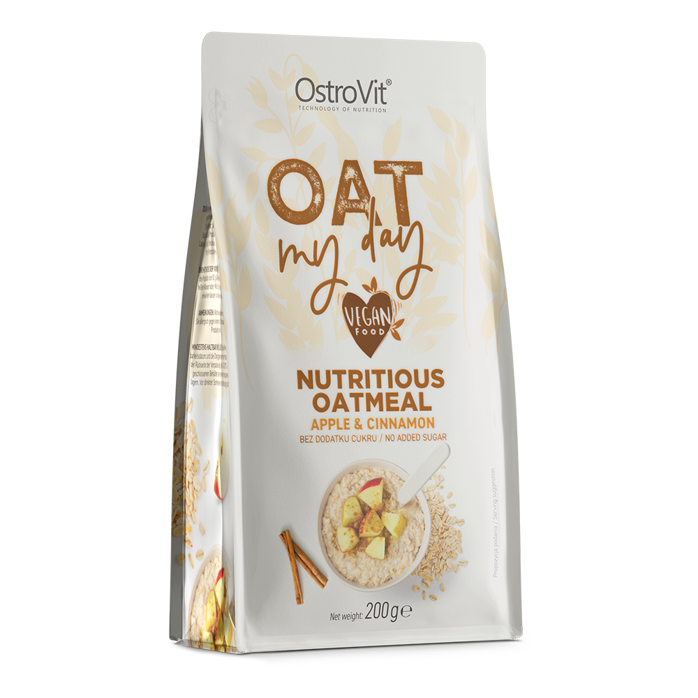 Side view image: OstroVit Oat My Day oatmeal apple cinnamon flavour pouch 200g