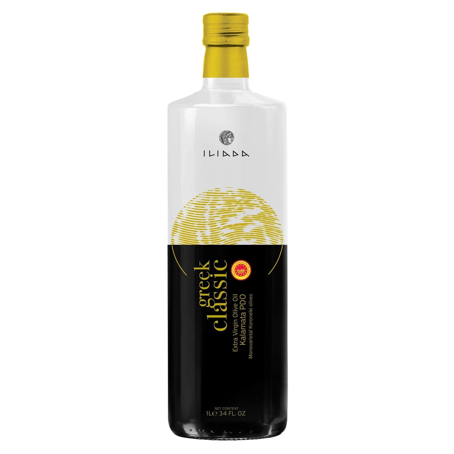 Front image: Iliada Greek Kalamata PDO extra virgin olive oil bottle 1L